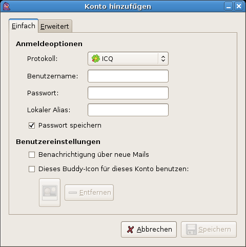 Bildschirmfoto: Dialog Konto hinzufgen von Pidgin