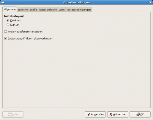 Bildschirmfoto: Reiter Allgemein der Orca-Einstellungen