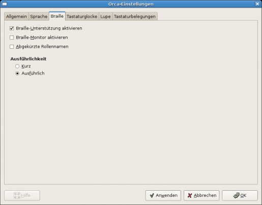 Bildschirmfoto: Reiter Braille der Orca-Einstellungen