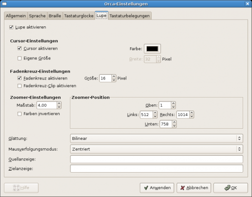 Bildschirmfoto: Reiter Lupe der Orca-Einstellungen