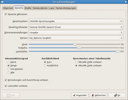 Bildschirmfoto: Reiter Sprache der Orca-Einstellungen