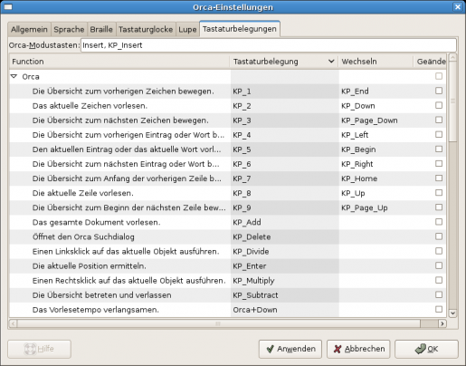 Bildschirmfoto: Reiter Tastaturbelegungen der Orca-Einstellungen