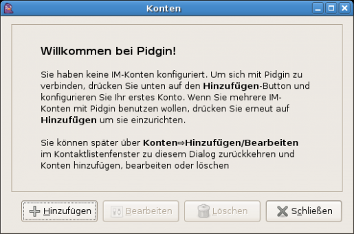 Bildschirmfoto: Pidgin nach frischer Installation ohne Konten